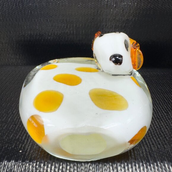 Pier 1 Art Glass Puppy Dog Figurine Paperweight White With Amber Dots Figure VTG - Picture 5 of 11